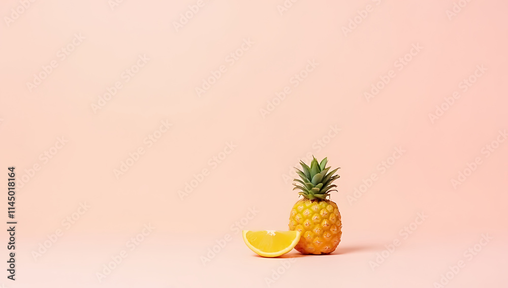 Poster a small pineapple and a slice of orange sit together on a soft pastel colored background in perfect 