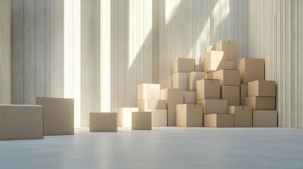 Organized Cardboard Boxes in a Modern Warehouse - Minimalist Storage Space