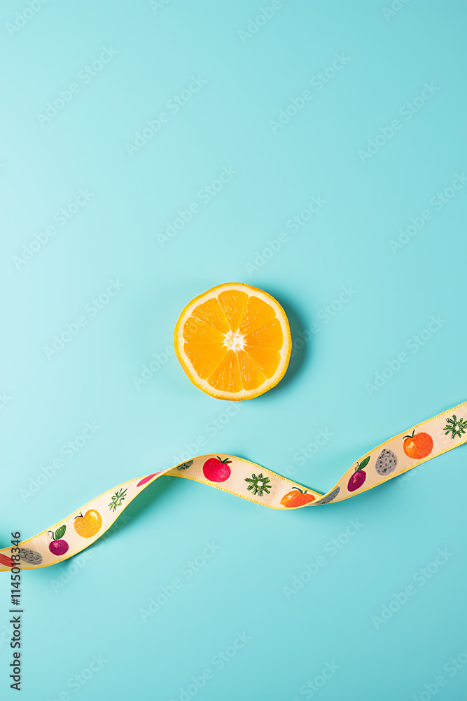 Poster A small orange slice is placed on a large blue background next to a ribbon with colorful fruit patterns printed on it._00002_
