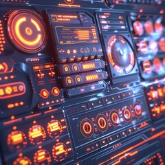 Obraz premium Futuristic audio mixing console with digital controls display panels and audio interface for music production sound engineering and entertainment industry