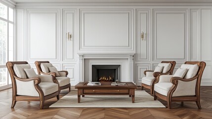 Elegant Living Room with Classic Wooden Furniture and Fireplace