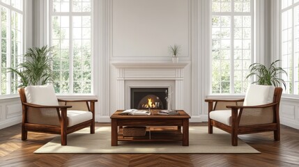 Elegant Living Room with Cozy Wooden Furniture and Fireplace