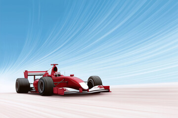 Racing car speeding on a smooth track under a clear blue sky