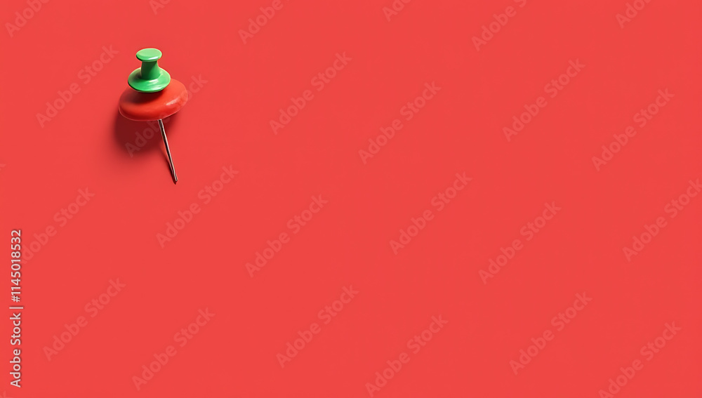 Poster a small group of a pin and thumbtack sits on a red desk with plenty of space for text overlay._00002