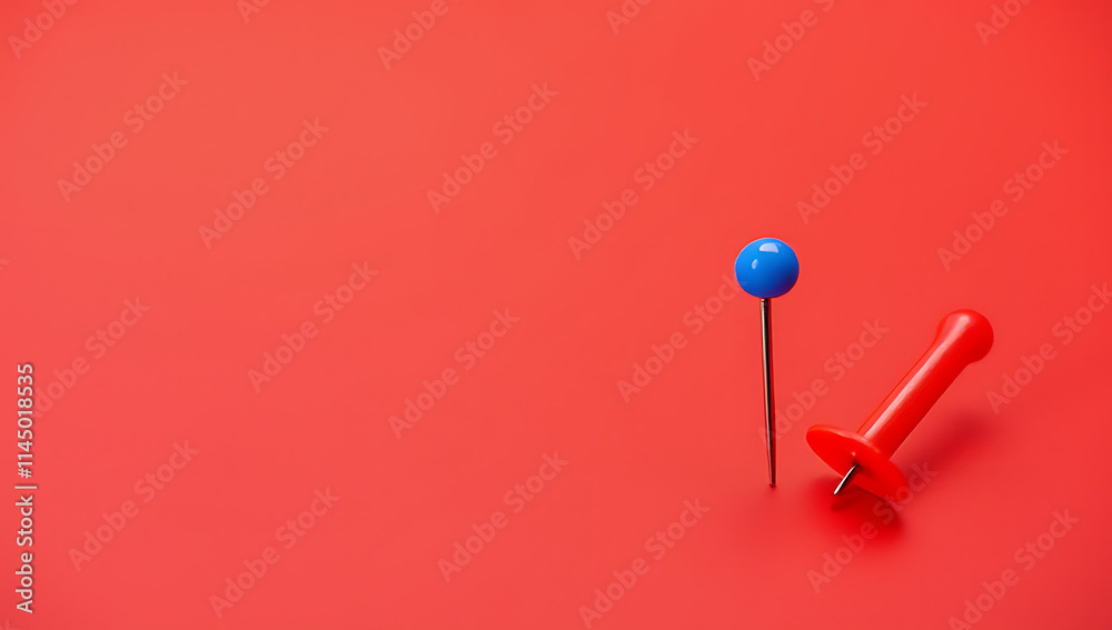 Poster a small group of a pin and thumbtack sits on a red desk with plenty of space for text overlay._00003