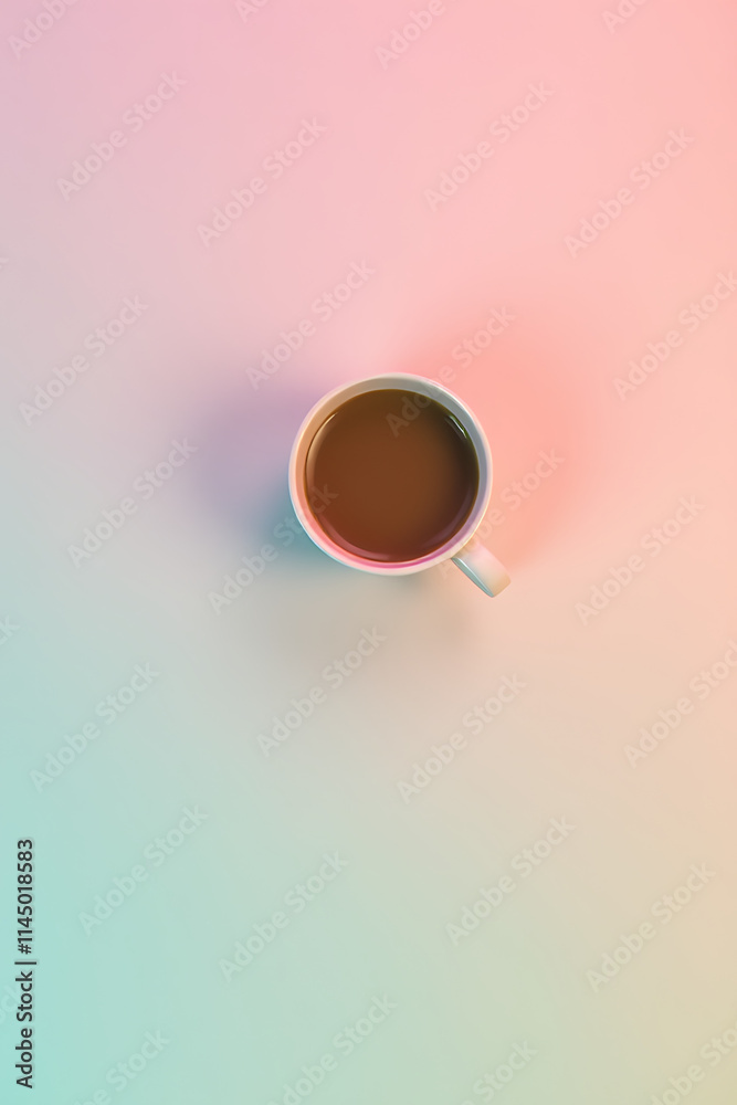 Poster a small cup of coffee sits on a brightly colored pastel background with a subtle soft focus effect._