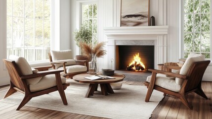 Modern Living Room with Fireplace and Wooden Furniture: Cozy and Elegant Design