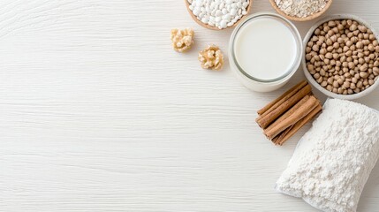 Plant-based milk, flour, grains, and spices on white wood.