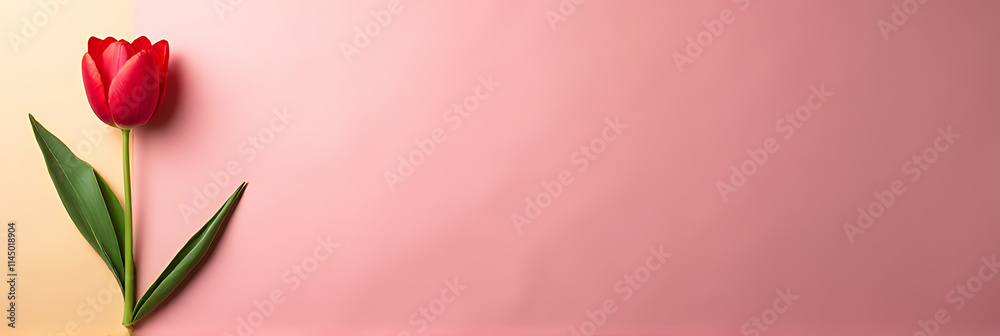 Poster A single tulip is placed on a brightly colored paper background in a flat composition for a visually appealing display._00002_