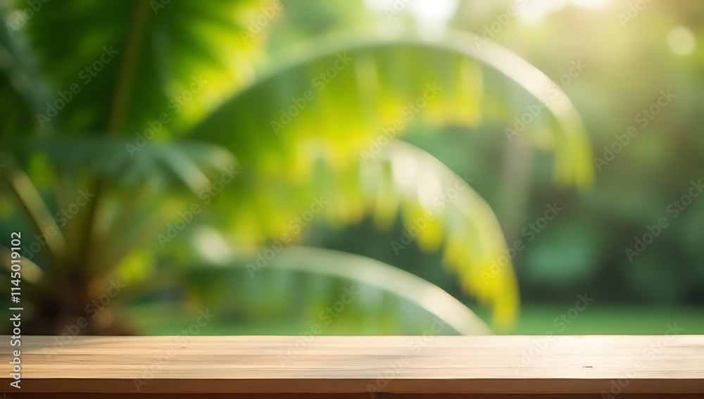Poster A simple wooden table stands empty in front of a blurred coconut tree against a serene garden background slowly._00001_