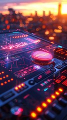 Obraz premium Captivating image of a futuristic digital circuit board landscape glowing with neon like lights set against the backdrop of a vibrant colorful sunset sky