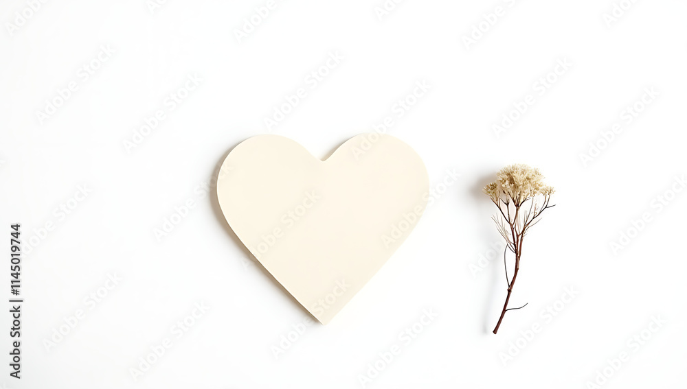 Poster a simple heart design features a dry branch flower alongside a piece of notepaper set against a clea