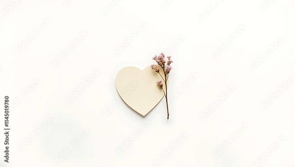 Poster a simple heart design features a dry branch flower alongside a piece of notepaper set against a clea