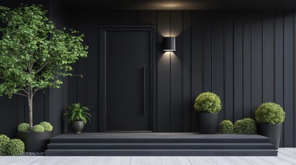 Modern Black House Entrance with Lush Landscaping
