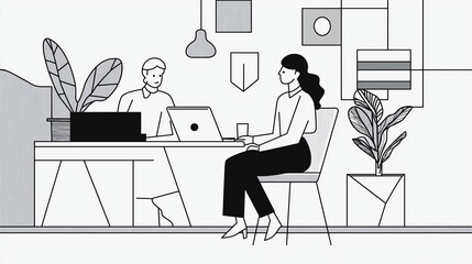 Working at a computer in an office setting with modern decor and thoughtful layout