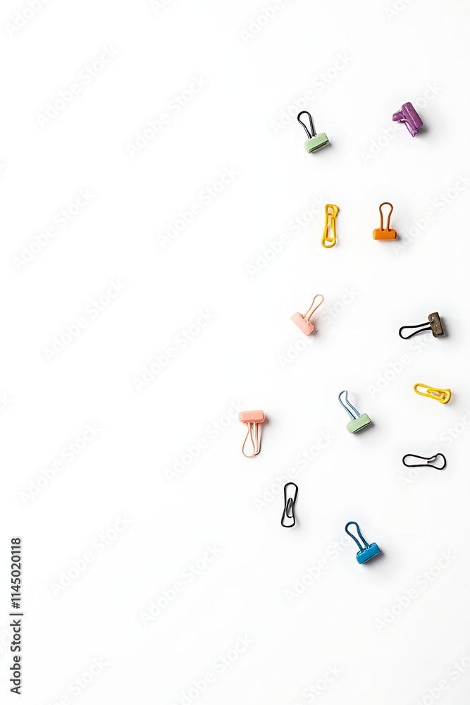 Aufkleber a set of colorful paper clips arranged on a white background to convey business creativity and flat 