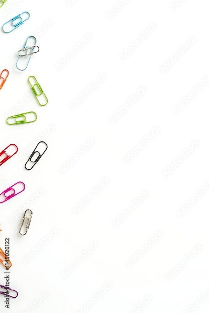 Aufkleber A set of colorful paper clips arranged on a white background to convey business creativity and flat lay design concepts._00002_