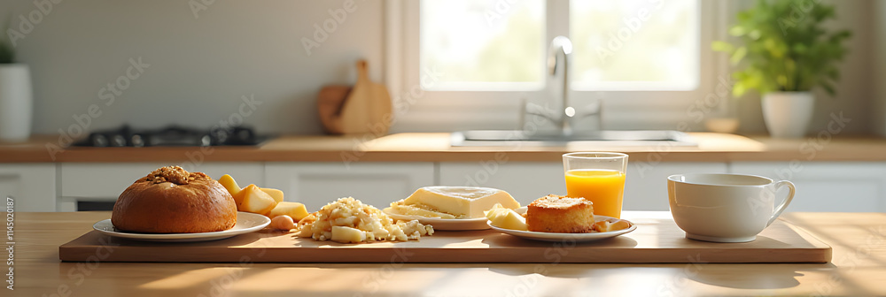 Poster a set of breakfast foods or a cake is placed on a kitchen table in front of a copy space background.