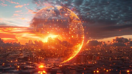 Fototapeta premium Dramatic and captivating digital depicting a massive glowing sphere or orb exploding over a futuristic neon lit cityscape at sunset The scene conveys a sense of technological innovation power