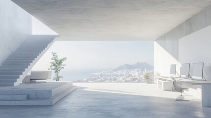 Fototapeta premium Stunning Minimalist Modern Office with Panoramic City Views