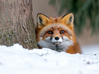 Obraz premium Playful Red Fox Peeking from Tree Trunk