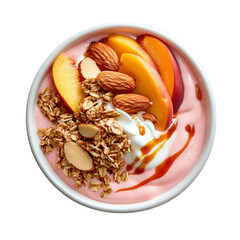 Strawberry yogurt bowl with granola fresh peach slices almonds and caramel sauce healthy breakfast snack isolated on white background from top view