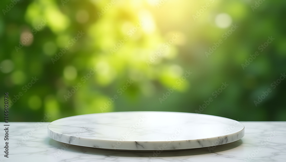 Poster a selectively focused circle highlights a marble tabletop on a blurred green garden background for p