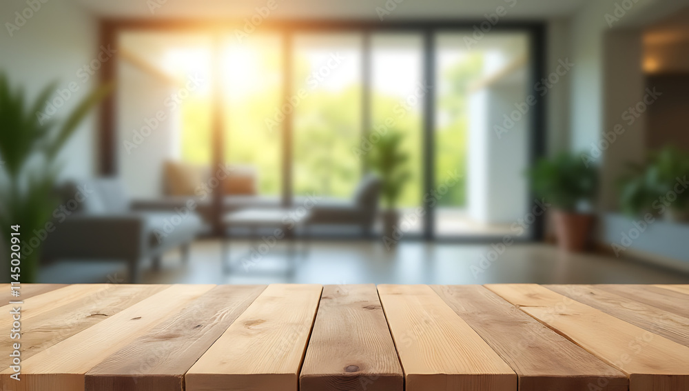 Poster a selective focus photograph of a wooden table top with blurred window glass in the background is cr