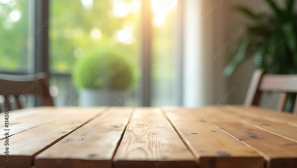 Poster a selective focus photograph of a wooden table top with blurred window glass in the background is cr