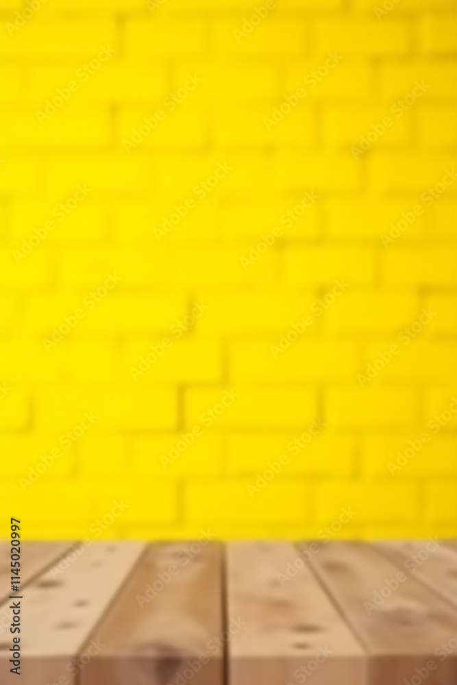 Poster a selective focus on an empty wooden table top against a bright yellow brick wall background is crea