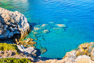 Amazing sea coast near Agia Anna beach, Amorgos island, Cyclades, Greece
