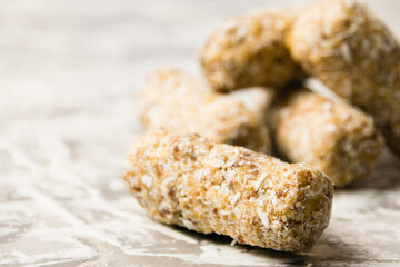 Delicious homemade energy bars without sugar on light background. Diet and healthy eating concept