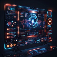 Obraz premium Futuristic digital heads up display HUD dashboard interface with 3D holographic data analytics and information visualization like graphs charts and map of the world Concept of modern intelligence