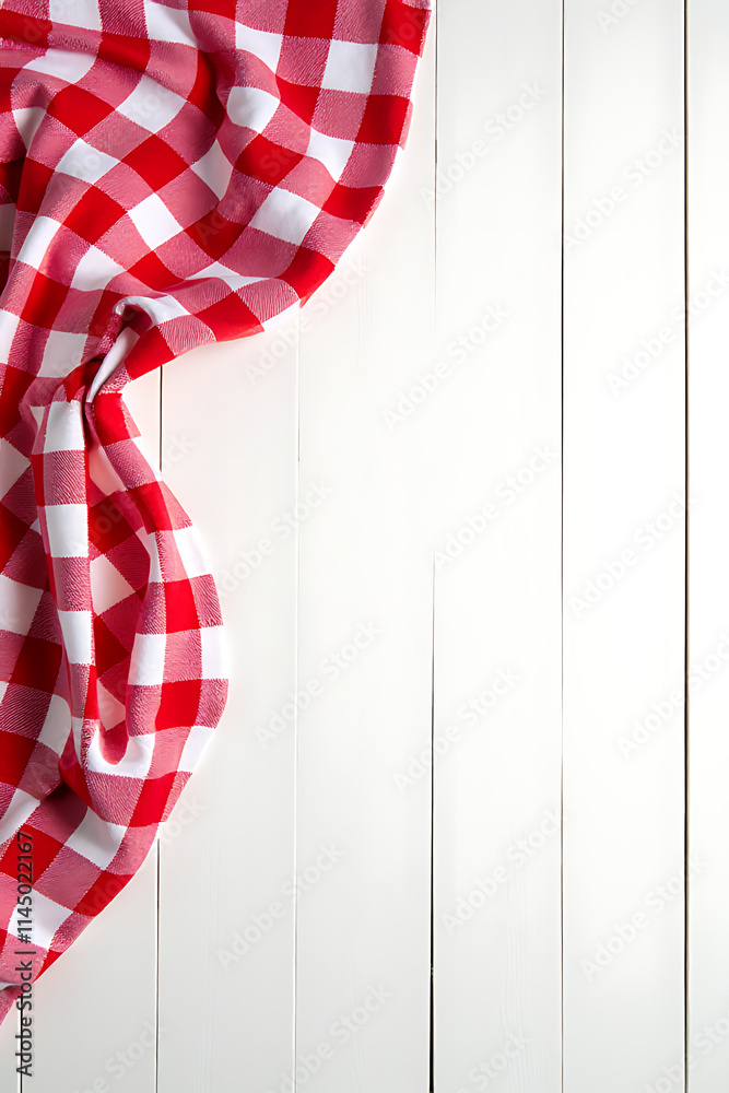 Poster A red checkered fabric is set against a white wooden table as the main element for a decorative key visual image._00003_