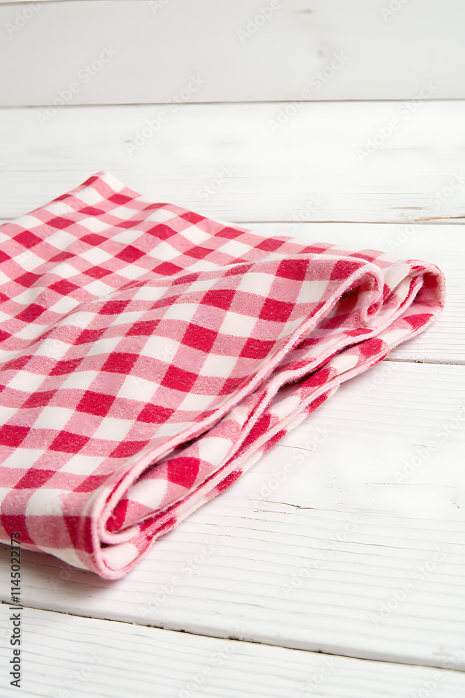 Aufkleber a red checkered fabric is set against a white wooden table as the main element for a decorative key 