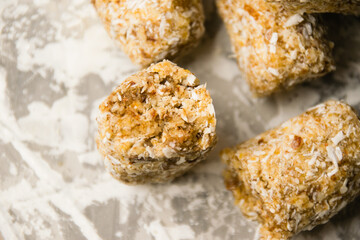 Delicious homemade energy bars without sugar on light background. Diet and healthy eating concept