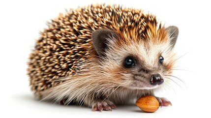 Obraz premium A cute hedgehog with spiky fur, sitting near an almond on a white background.