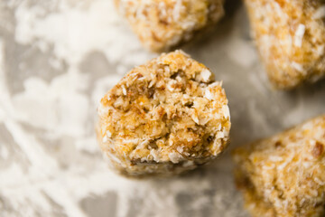 Delicious homemade energy bars without sugar on light background. Diet and healthy eating concept