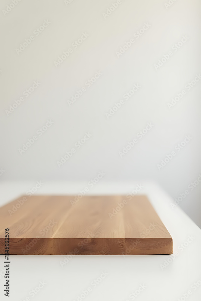 Aufkleber a real wooden tabletop sits on a crisp white surface in a minimalist home office setting background.