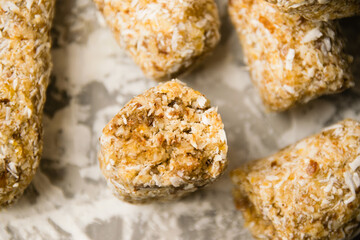Delicious homemade energy bars without sugar on light background. Diet and healthy eating concept