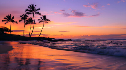 Harmonious Blend of Nature: Serene Beach Sunset with Swaying Palm Trees