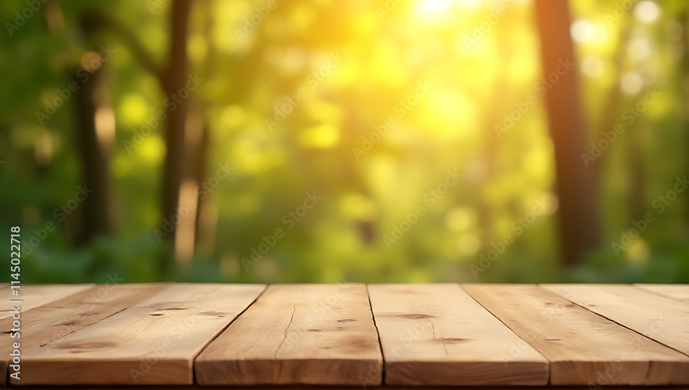 Poster a real wood table top with a blurred leafy tree background creates a warm and inviting outdoor dinin