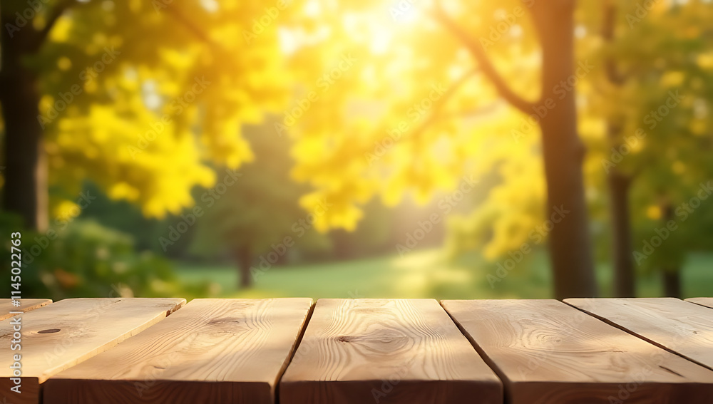 Poster a real wood table top with a blurred leafy tree background creates a warm and inviting outdoor dinin