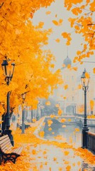 A serene autumn scene with vibrant orange leaves lining a canal pathway.
