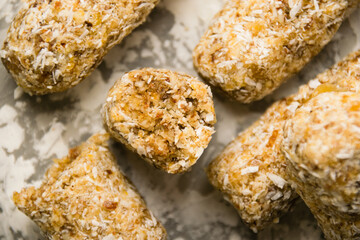 Delicious homemade energy bars without sugar on light background. Diet and healthy eating concept