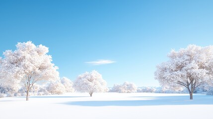 Snowy landscape with snow-covered trees under a clear blue sky.
