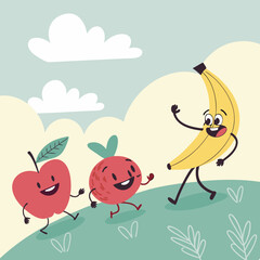 Playful fruit characters in pastel.