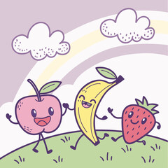 Playful fruit characters in pastel.