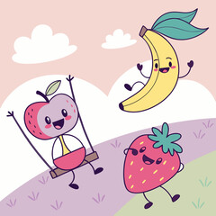 Playful fruit characters in pastel.