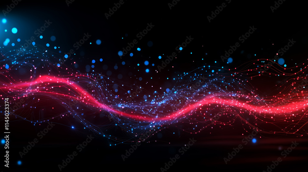Poster colorful abstract wave pattern with glowing dots and flowing lines in dark background